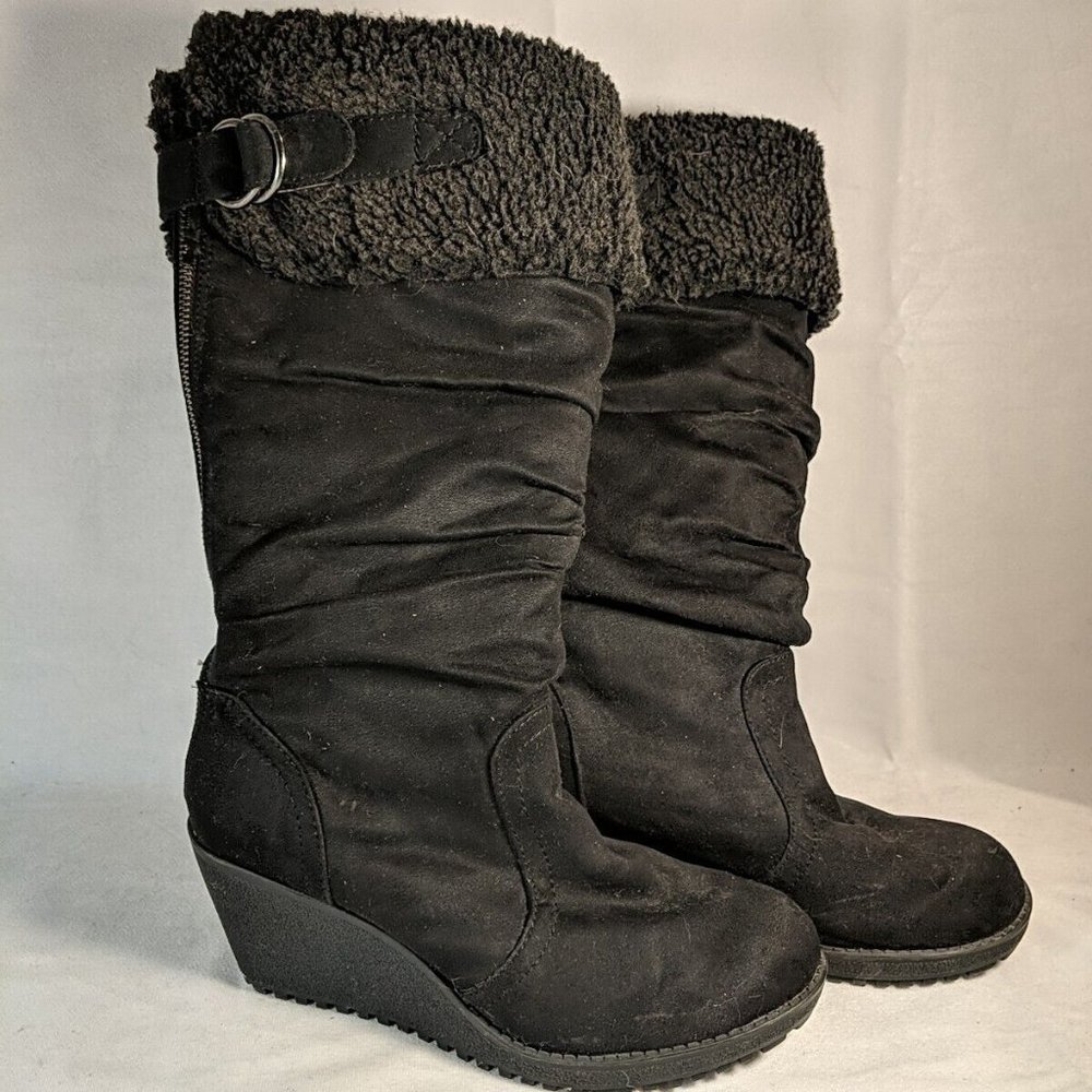 Aldo Faux Suede Black Winter Boots Heel Platform Wedge Grip Tread Women's 9.5 40